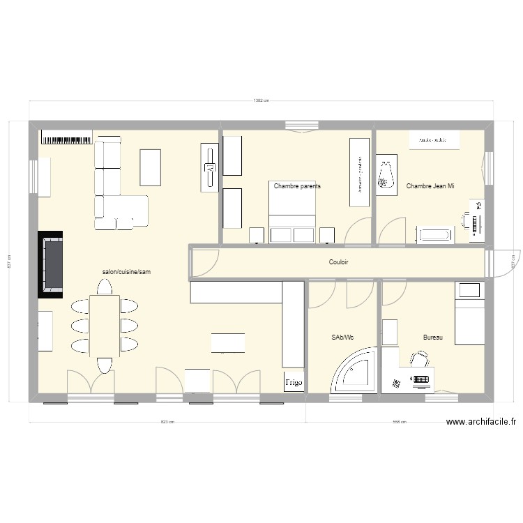 Plan d'orgon avec meuble. Plan de 6 pièces et 102 m2