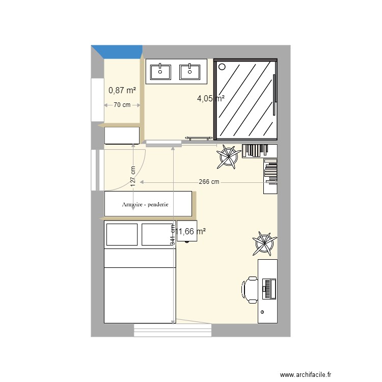 Chambre V5. Plan de 3 pièces et 17 m2