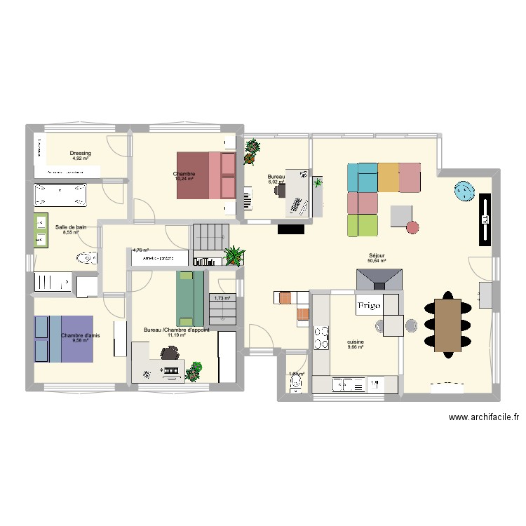 RDC Yerres Abbaye avec agrandissement version parents. Plan de 11 pièces et 118 m2