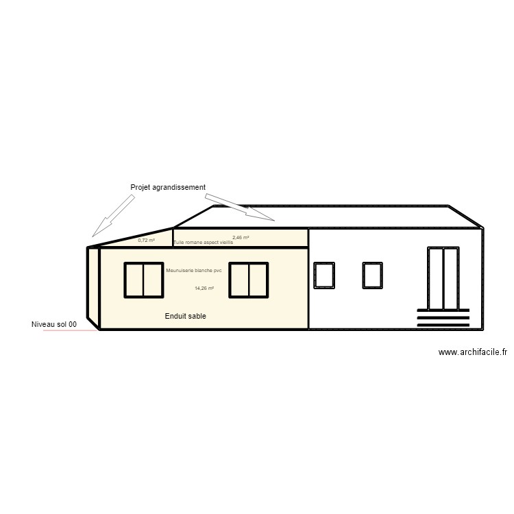 Façade sud Est extension garage. Plan de 14 pièces et 49 m2