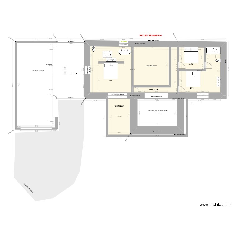 GOURSAT - RDC Grange PROJET R+1. Plan de 4 pièces et 121 m2