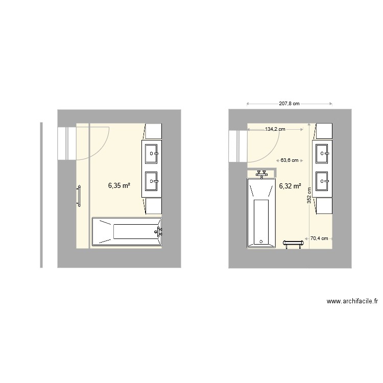 salle de bain. Plan de 2 pièces et 13 m2