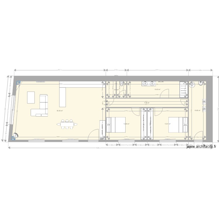Plan Surface Couloir central 2 Murs  Ouvertures meubles cotations. Plan de 0 pièce et 0 m2