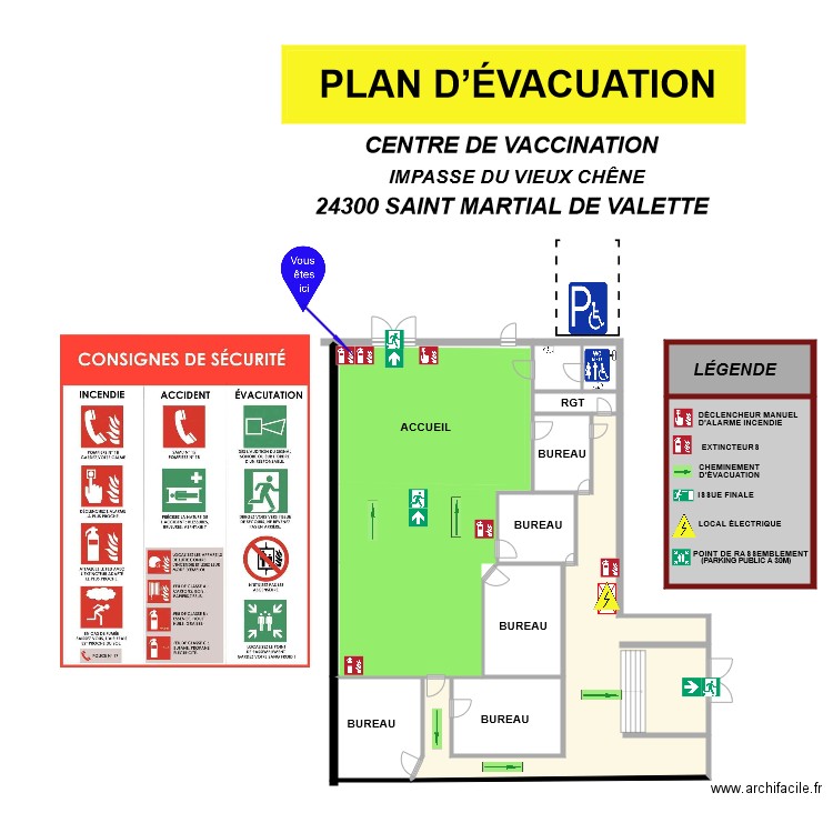 PLAN VACCINATION EVACUATION. Plan de 16 pièces et 663 m2