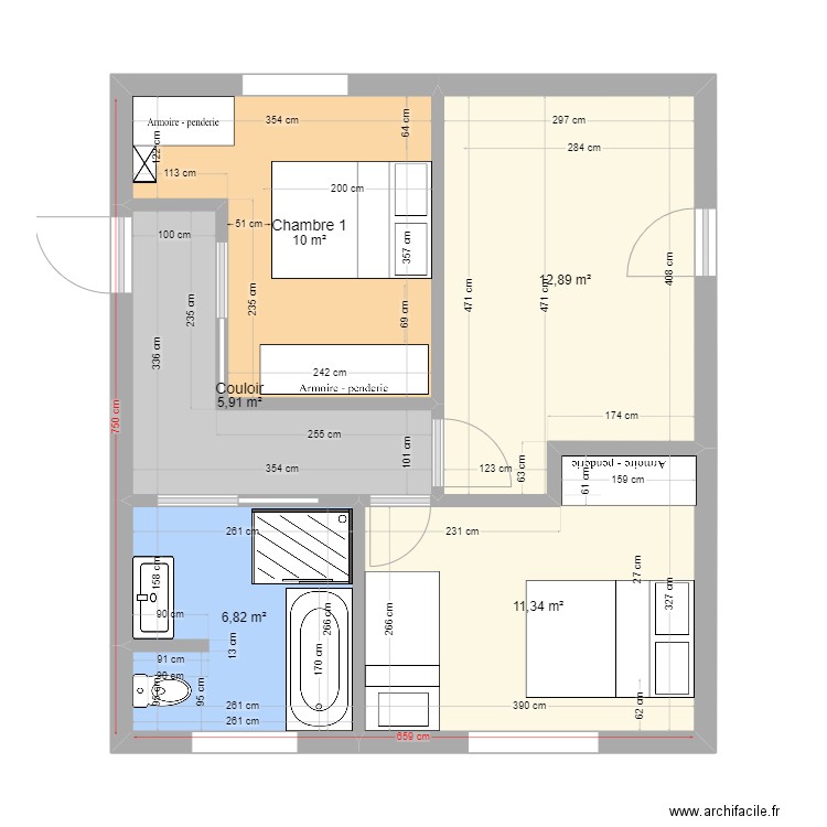 Travaux Mamie Papy V2. Plan de 5 pièces et 47 m2