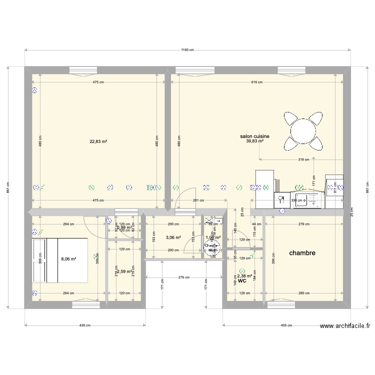 appart T2. Plan de 8 pièces et 81 m2