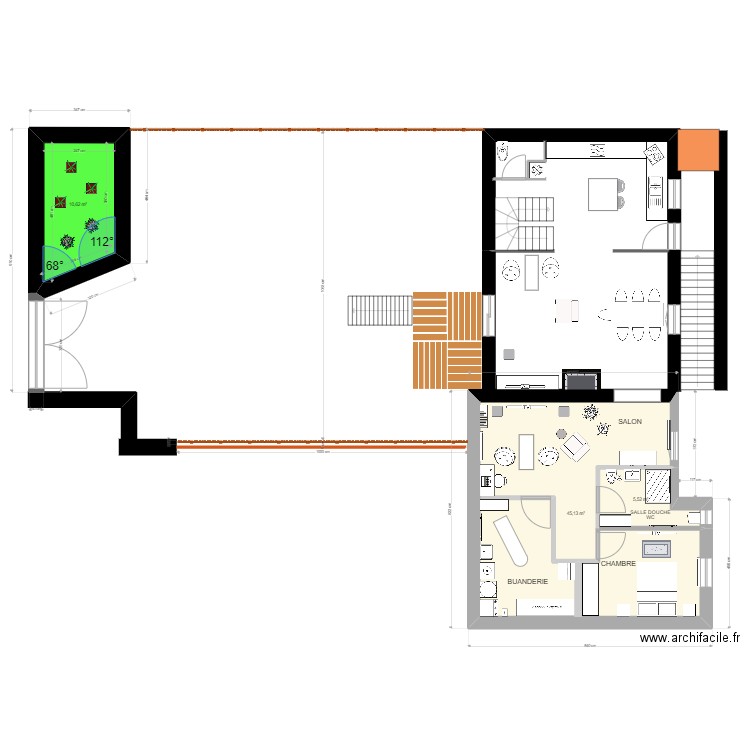 aménagement grange MEUBLÉ. Plan de 3 pièces et 61 m2