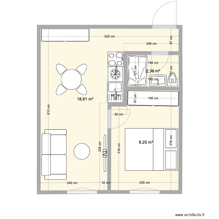 T1 FF essai . Plan de 3 pièces et 31 m2