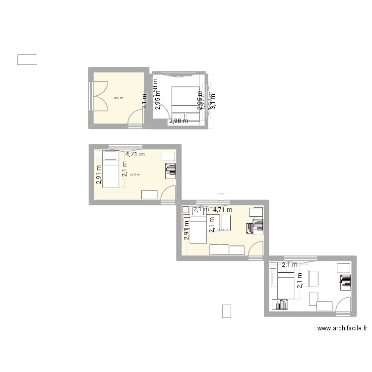 Chambres. Plan de 3 pièces et 36 m2