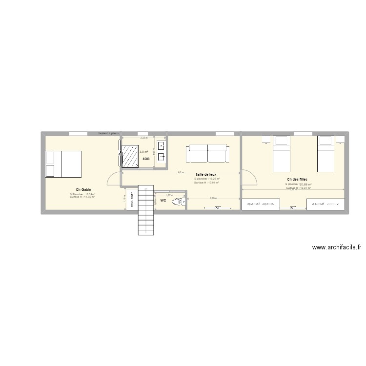 ZAZ étage 1. Plan de 3 pièces et 60 m2