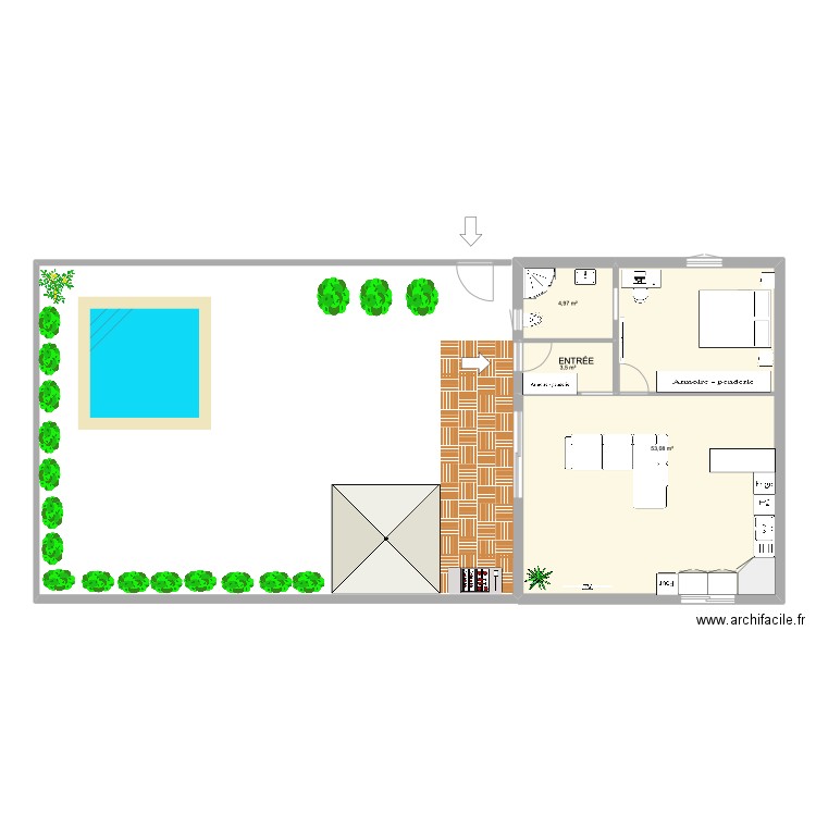 maison jardin. Plan de 3 pièces et 62 m2