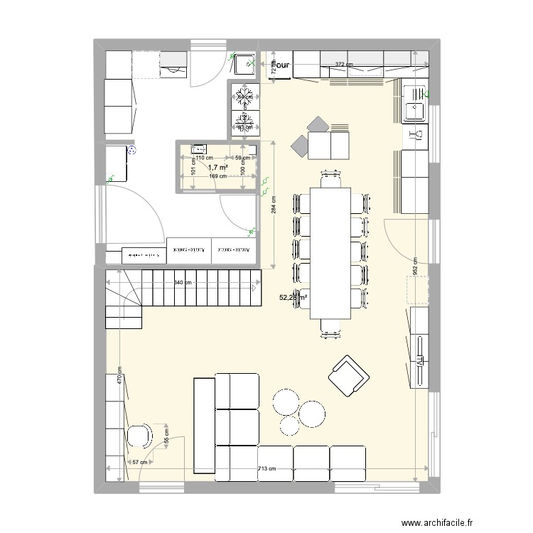 Cuisine muriel version 2 table ouverte. Plan de 2 pièces et 54 m2