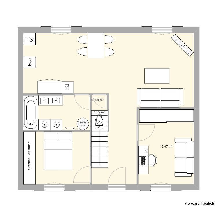 Plan Numéro 5 V2. Plan de 3 pièces et 60 m2