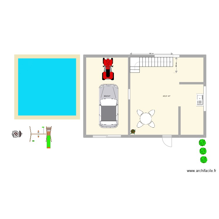 maison 2d avec piscine. Plan de 2 pièces et 64 m2