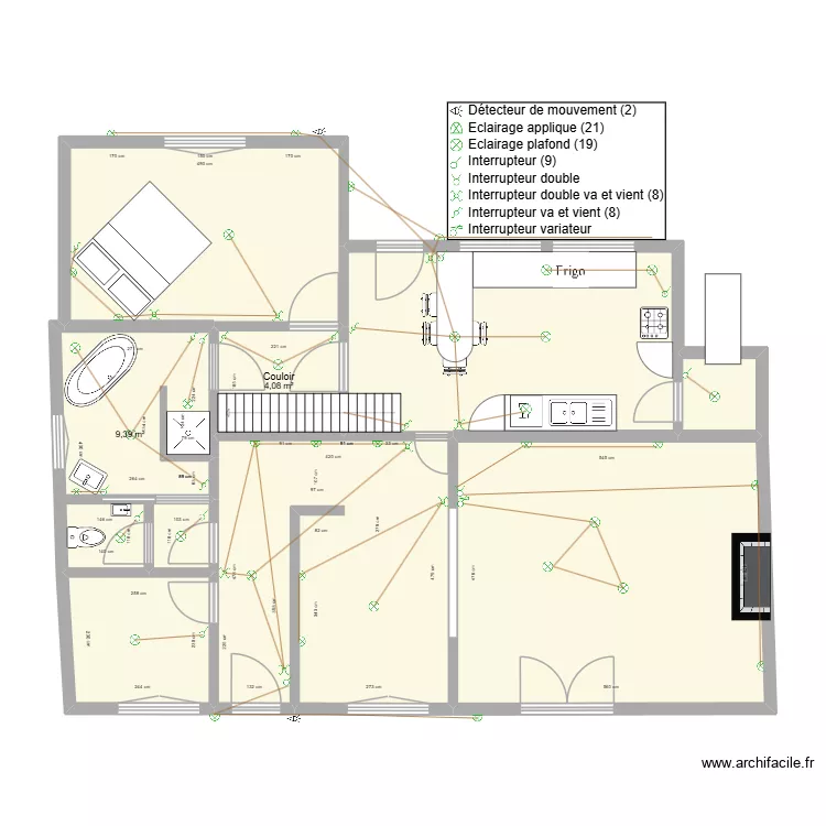 plan &eacute;lectrique luminaires. Plan de 14  et 185 m²