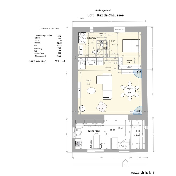 Loft Rde Ch 5. Plan de 2 pièces et 61 m2