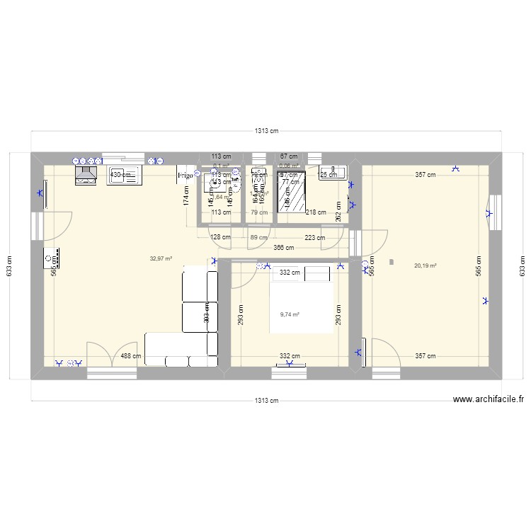 B74. Plan de 7 pièces et 66 m2