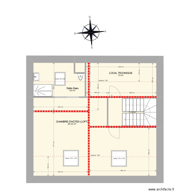 Combles - projet - 09/03/2022 avec matérialisation murs. Plan de 5 pièces et 75 m2