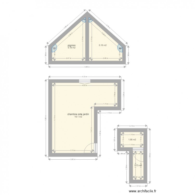 chambre cote jardin. Plan de 5 pièces et 33 m2