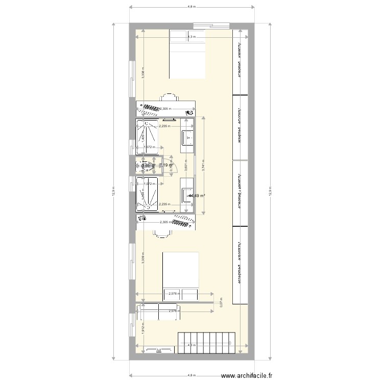 karim diderot étage 3 meublé. Plan de 3 pièces et 52 m2