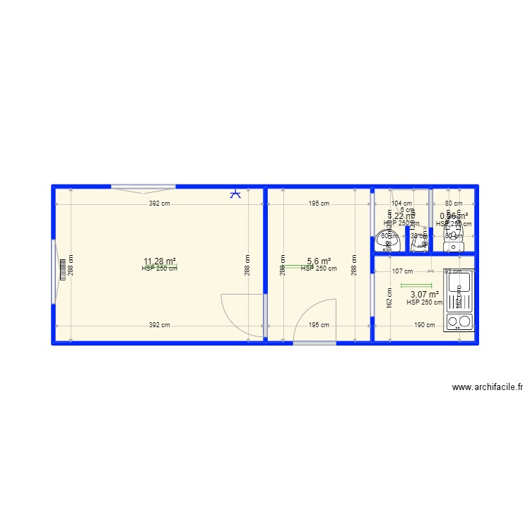Plan 800 x 300 avec Kitchenette et WC. Plan de 5 pièces et 22 m2