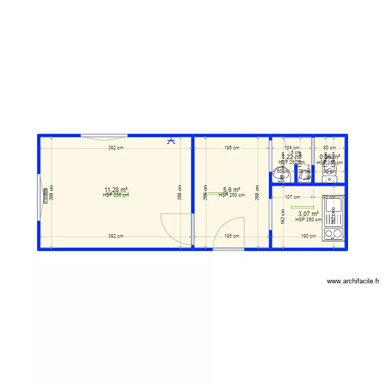 Plan 800 x 300 avec Kitchenette et WC. Plan de 