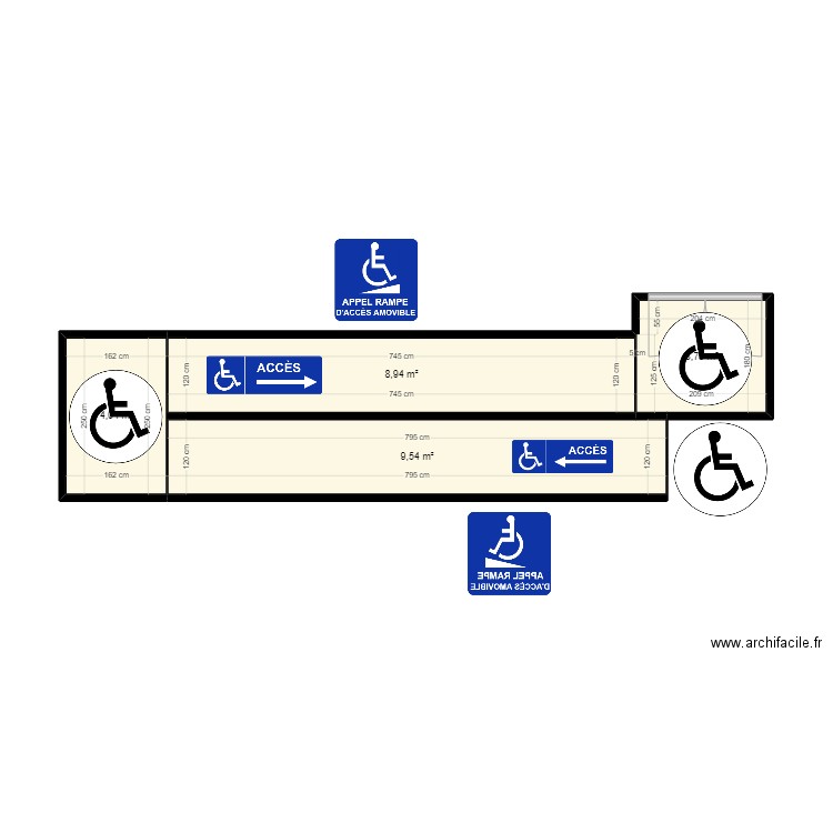 rampe handicape. Plan de 4 pièces et 26 m2