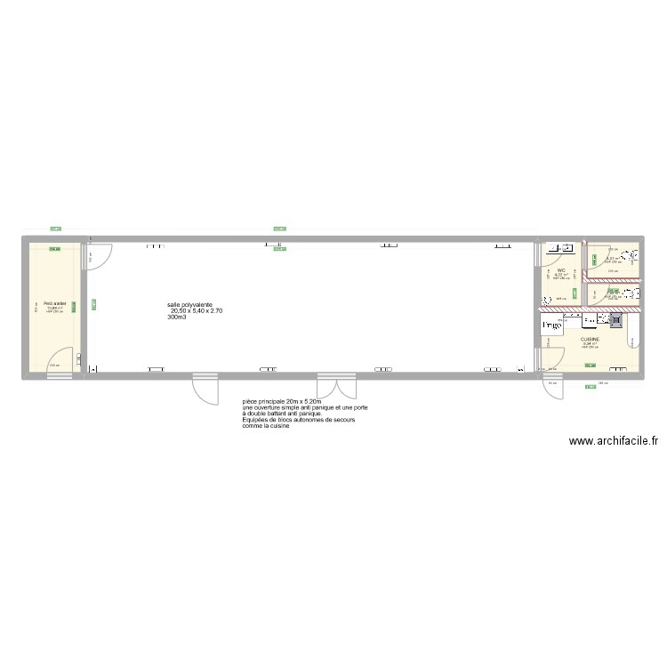 SALLE POLYVALENTE AVEC CUISINE ET WC. Plan de 5 pièces et 29 m2