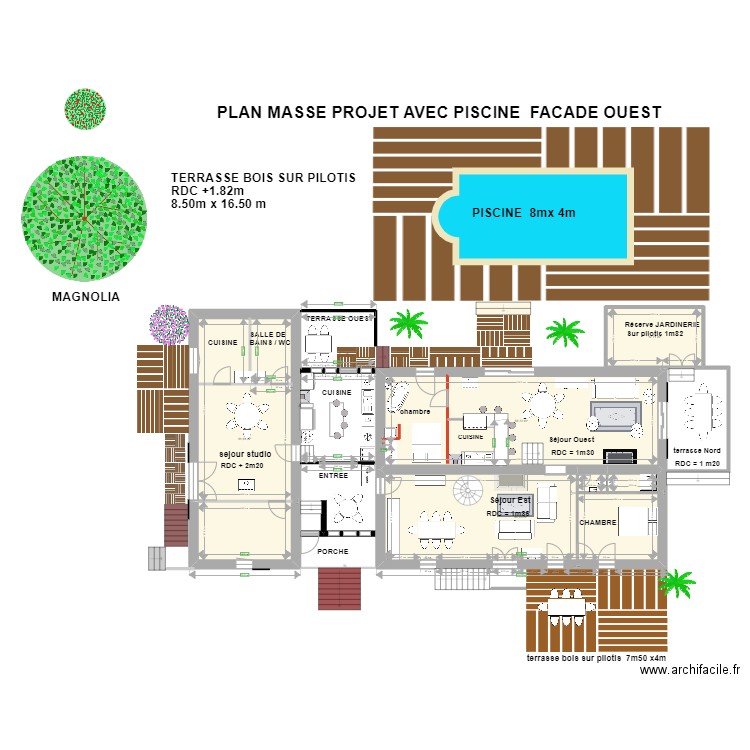 plan masse avec piscine façade Ouest. Plan de 4 pièces et 173 m2