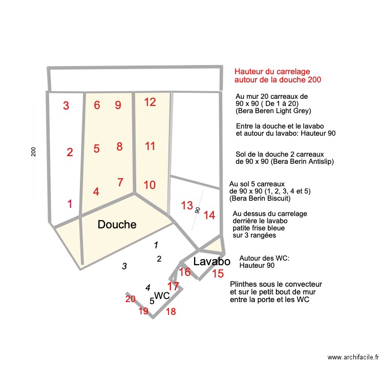Calepinage SdB. Plan de 6 pièces et 9 m2
