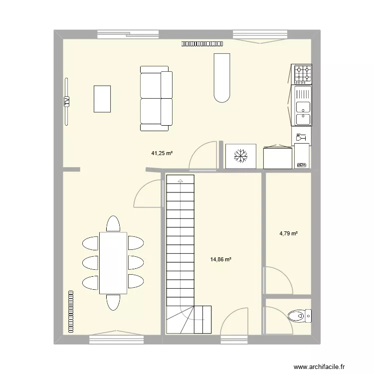 RDC. Plan de 3  et 61 m²