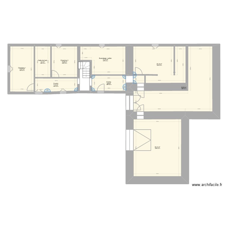 r+1 maison bleu. Plan de 9 pièces et 158 m2