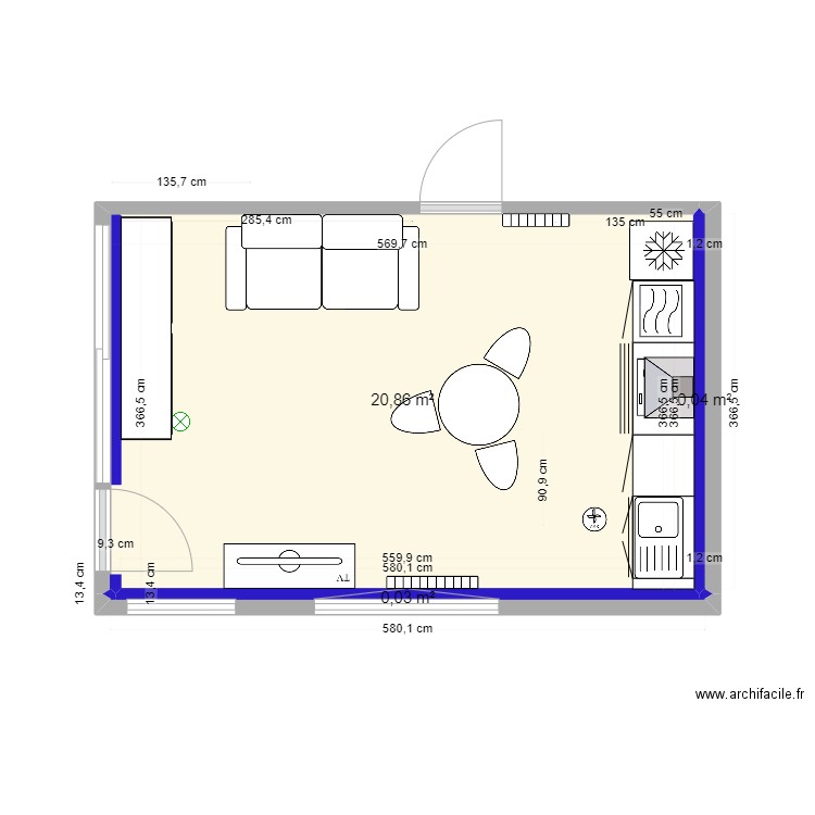 Plan PM Pièce Principale 2. Plan de 3 pièces et 21 m2