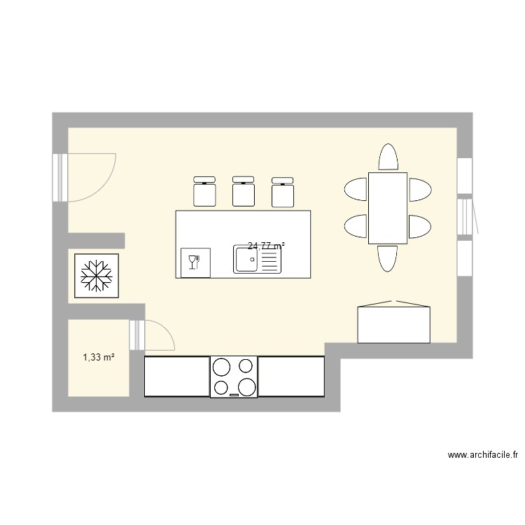 cuisine. Plan de 2 pièces et 26 m2