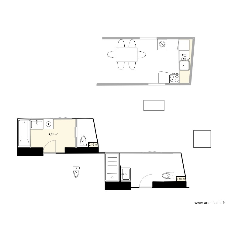 SDB1 avec WC apart. Plan de 4 pièces et 7 m2