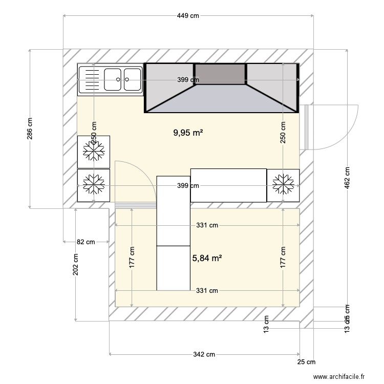 plan véranda traiteur . Plan de 2 pièces et 16 m2