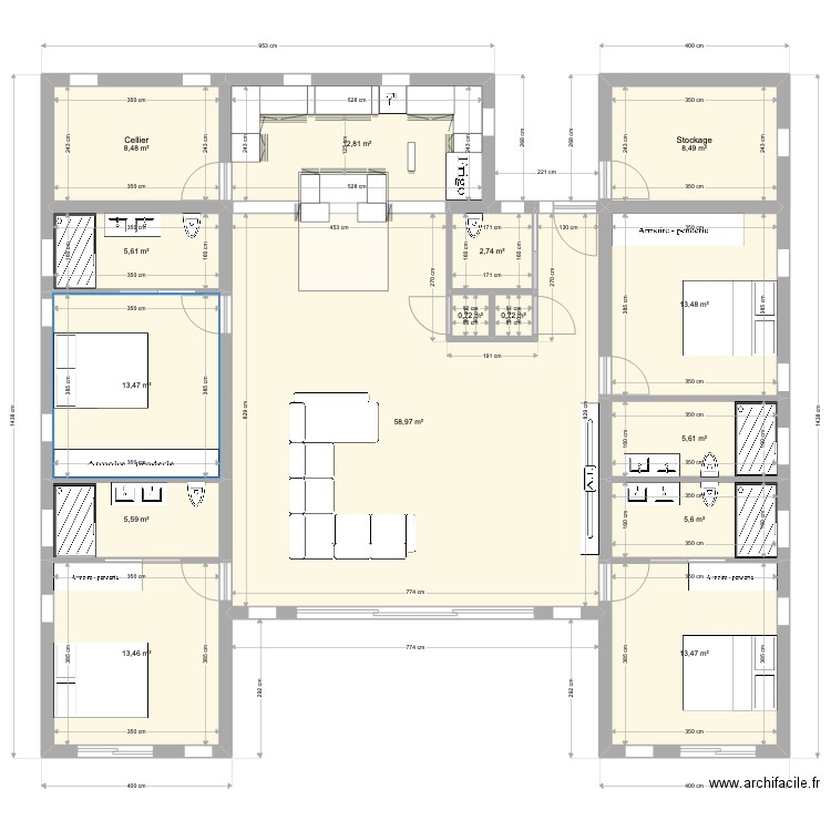 HILY 270522. Plan de 15 pièces et 169 m2