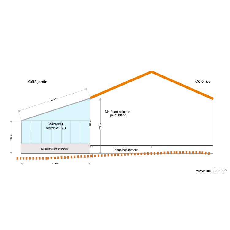 facade ouest existante. Plan de 1 pièce et 11 m2