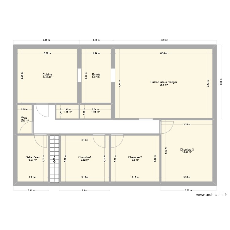 1er étage. Plan de 10 pièces et 93 m2
