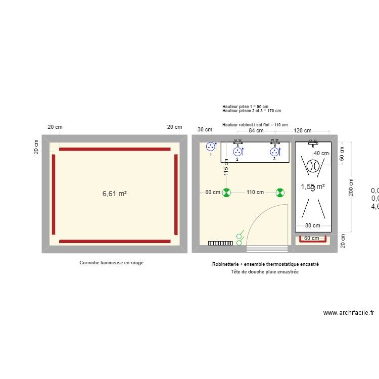 Salle de bain RDC. Plan de 5 pièces et 13 m2