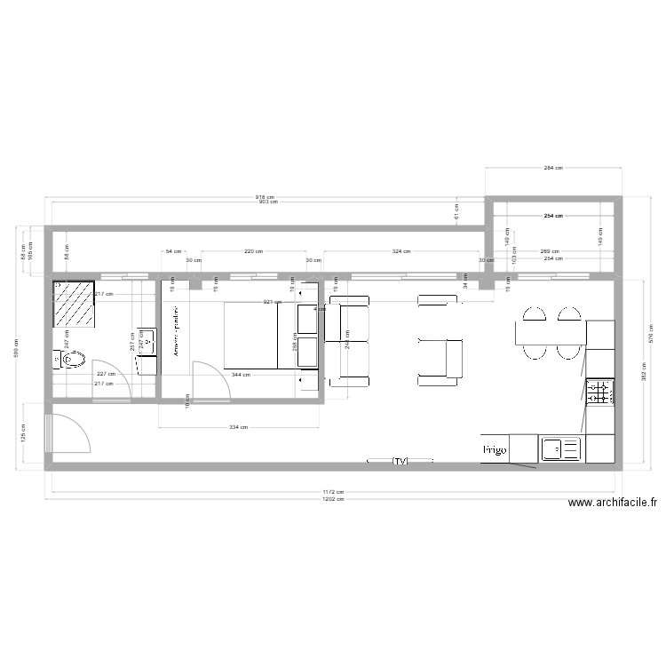 chapelle cotes rez. Plan de 2 pièces et 47 m2