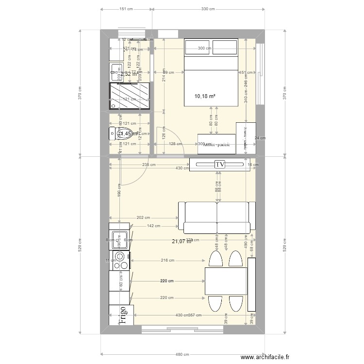 Studio 1. Plan de 4 pièces et 35 m2