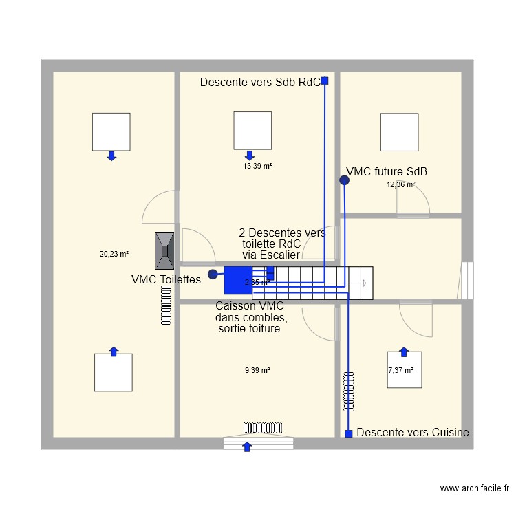 Bergeron 1er étage VMC. Plan de 6 pièces et 65 m2