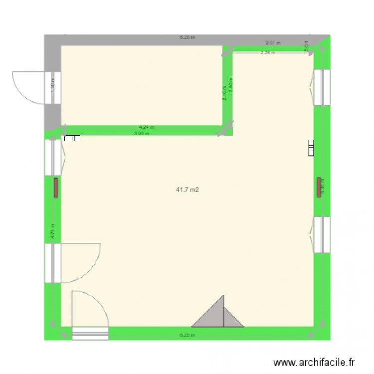 Pièce HUGO vide avec isolation. Plan de 1 pièce et 42 m2