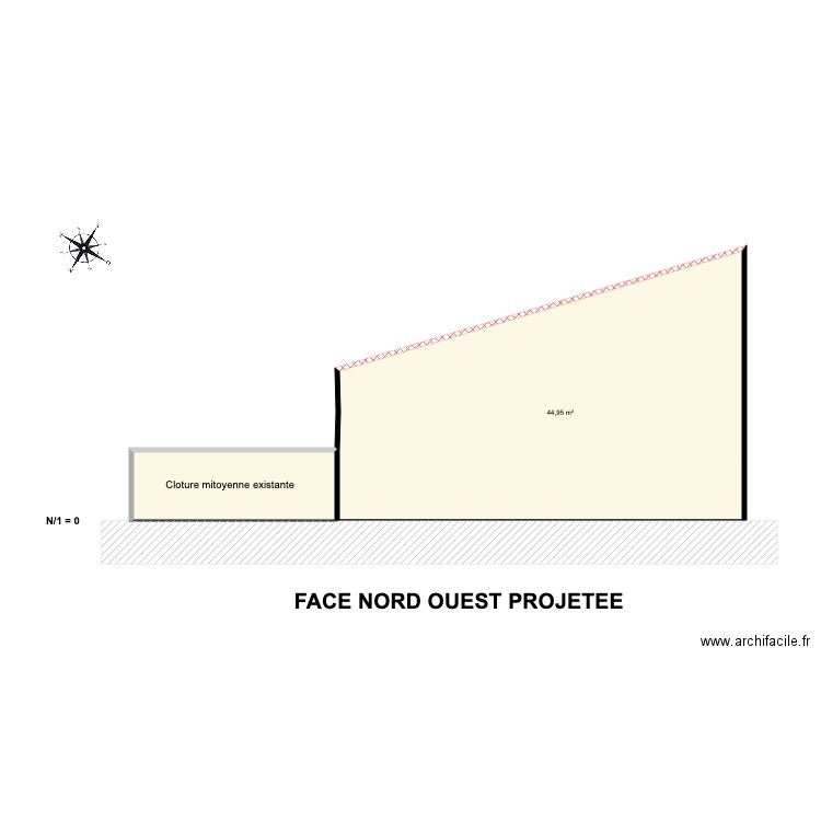 Face Nord ouest projetée. Plan de 2 pièces et 52 m2