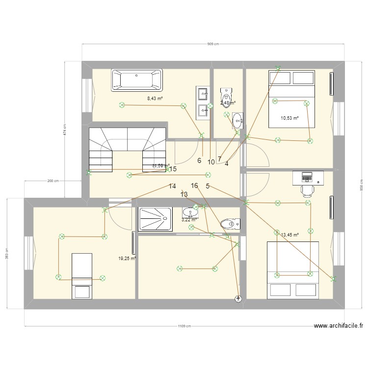 Sèvres 57 R+1 electricité eclairage. Plan de 7 pièces et 69 m2