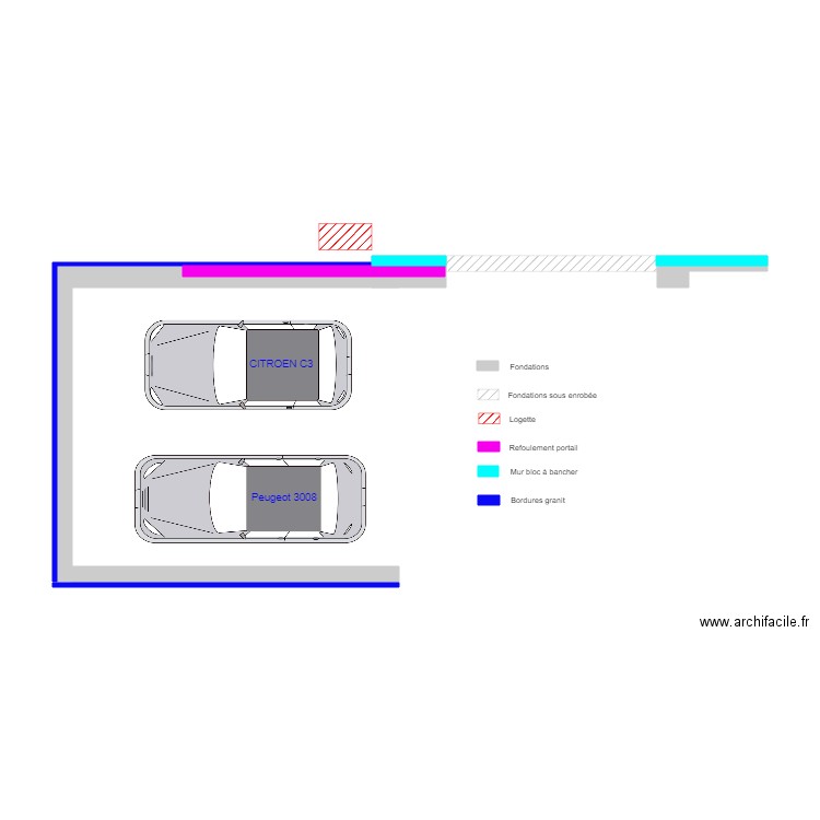 ParkingPortailFondationsMursBorduresVoitures. Plan de 0 pièce et 0 m2