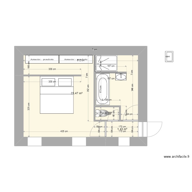 chambre dressing SdB 3. Plan de 3 pièces et 26 m2