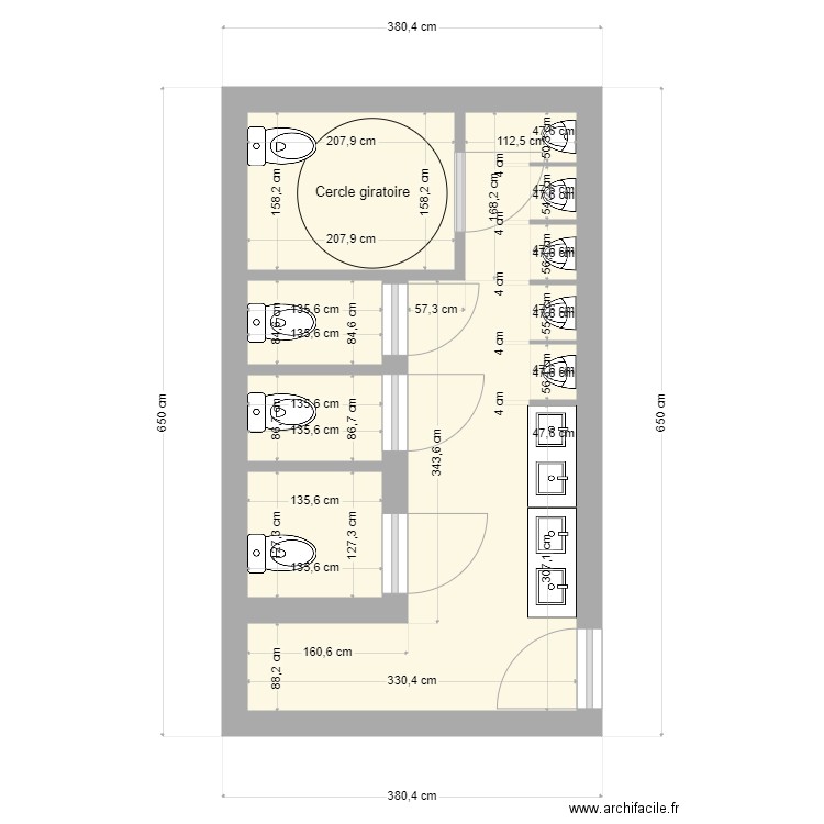 Toiletts école. Plan de 5 pièces et 18 m2