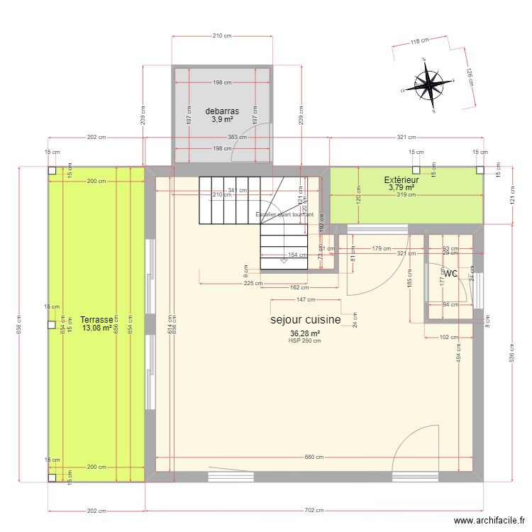 rez . Plan de 4 pièces et 57 m2